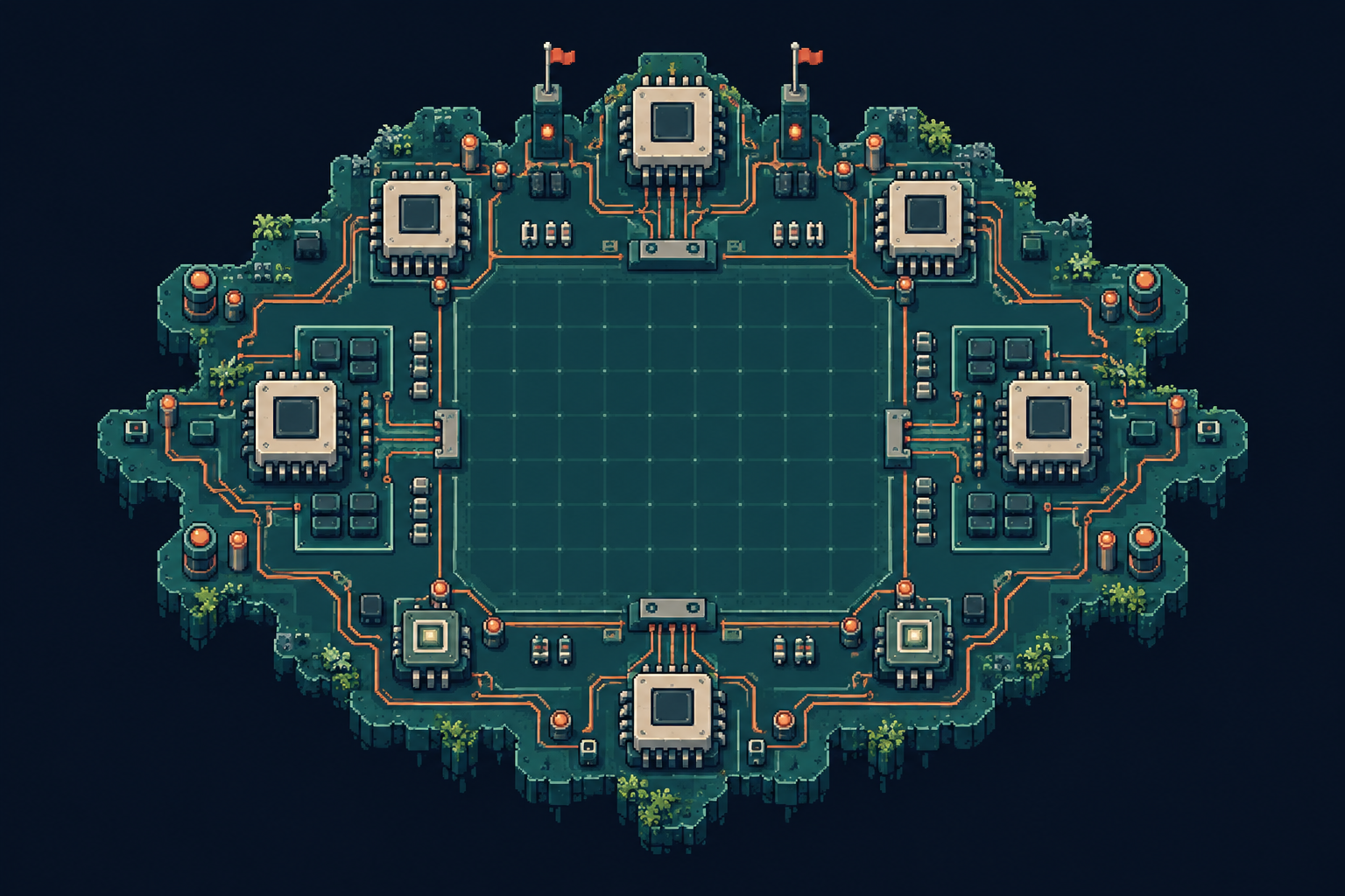 Pixel-art circuit island with ceramic chips and copper paths